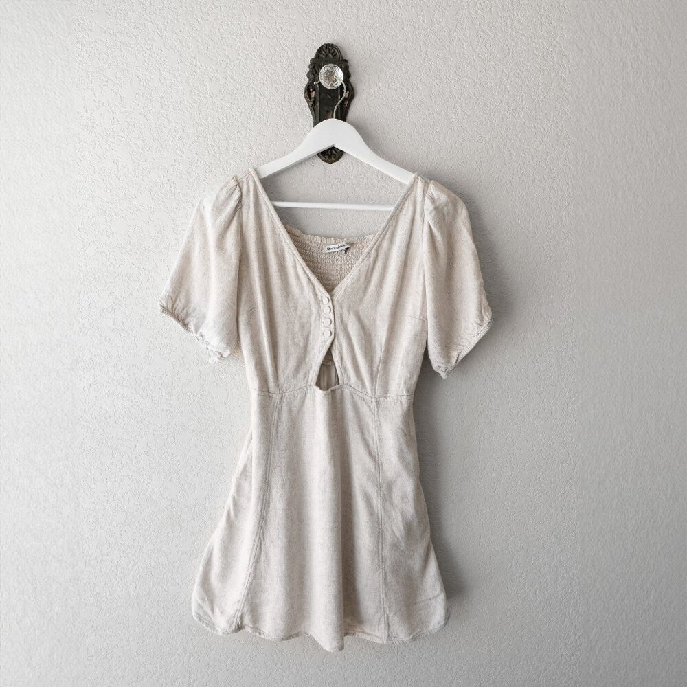 Abercrombie & Fitch Dress Sz XSP Khaki Neutral Short Puff Sleeve VNeck Pockets